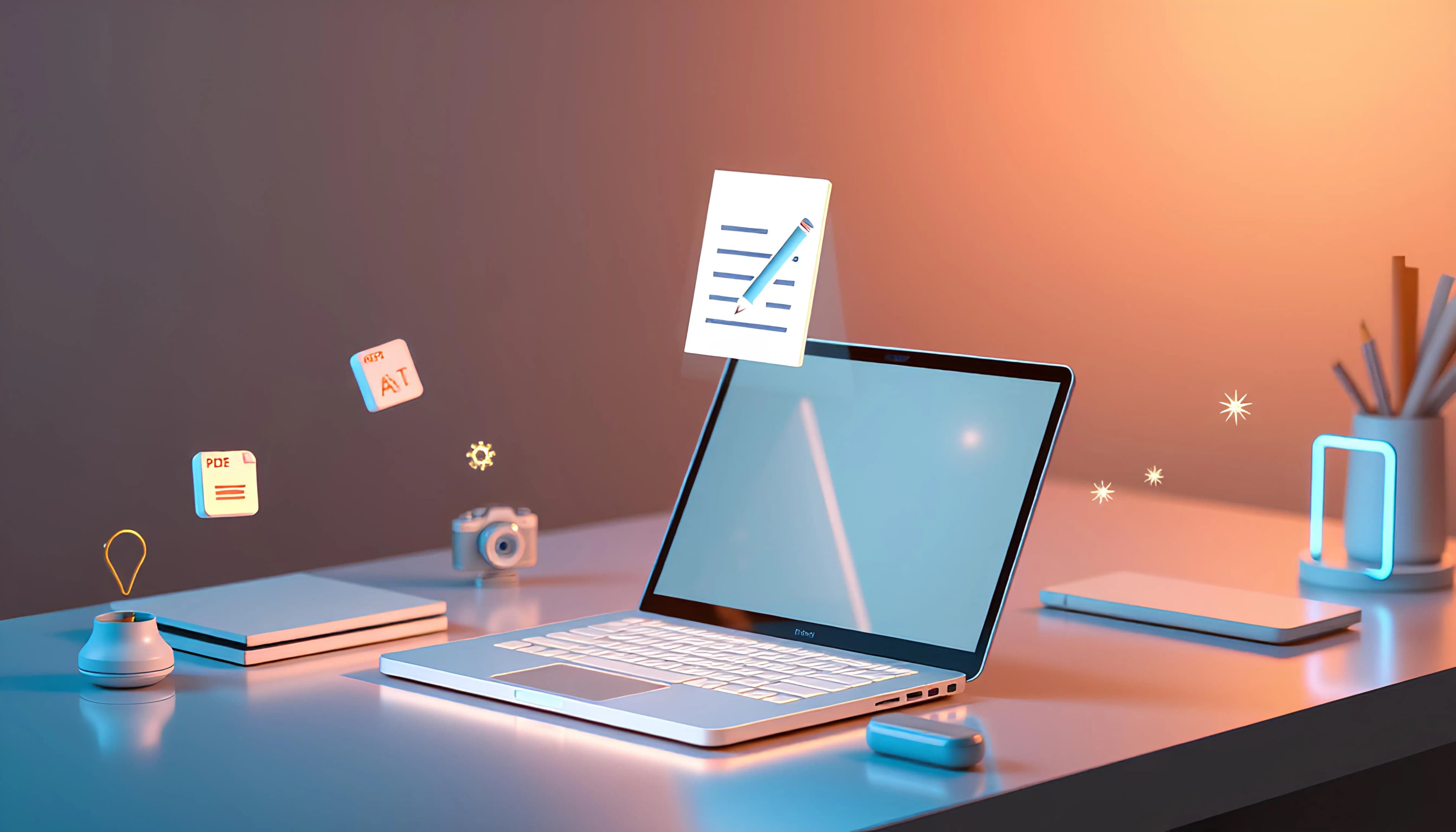 A person writing on a laptop in a creative workspace